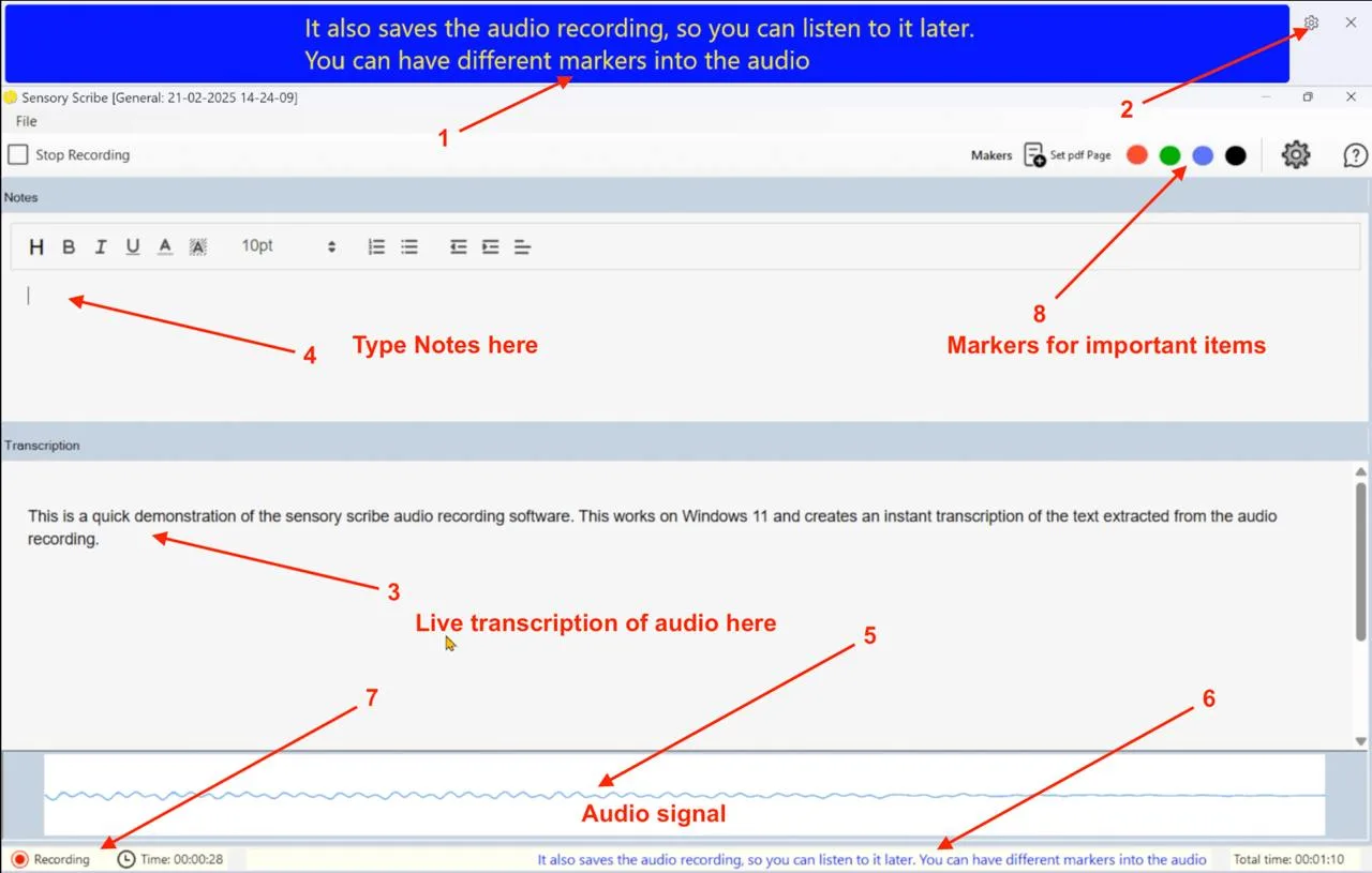 Sensory Scribe recording interface showing the transcription pane, notes pane, audio signal, live caption text and recording controls